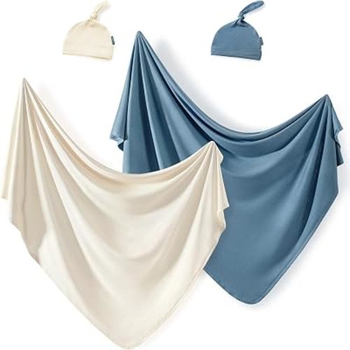 GRSSDER 2 Set Newborn Swaddle Blanket with Beanie(4 pcs), Ultra Soft Stretchy Jersey Knit Extra Large Size 33 x 44 Receiving Blankets for Easy Swaddling Baby Snug and Cozy