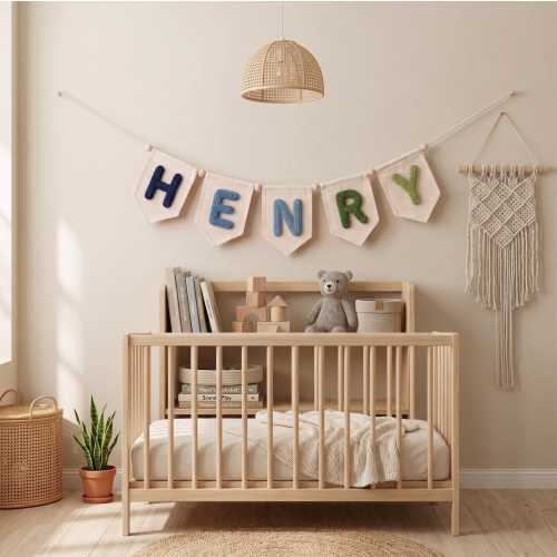 Personalized Yarn Letter Canvas Banner, Baby Name Sign, Handmade Nursery Decor, Yarn Embroidered Banner, Baby Name Garland, Baby Shower Gift