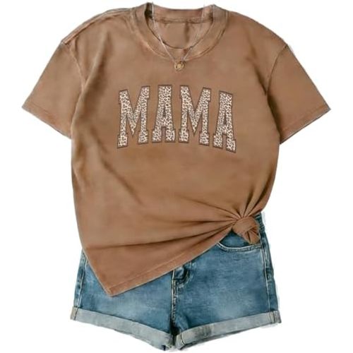 Leopard Letter Mama T-Shirt Vintage Soft Graphic Mom Tee for Women
