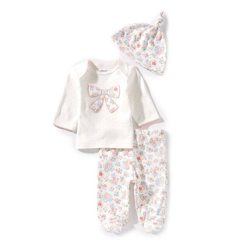 Little Me Baby Girls Floral Bow Lab-Shoulder Top & Floral Patterns Footie Bottoms Pants, & Hat Set