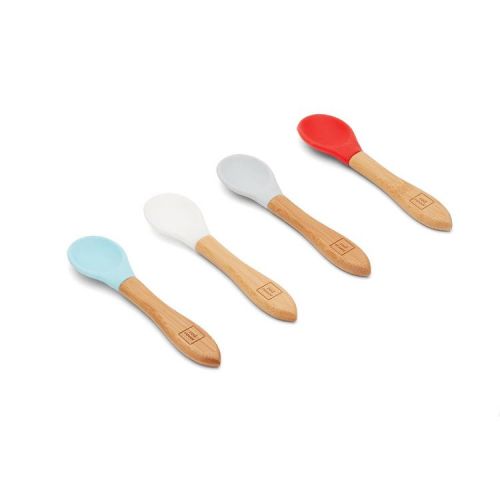 4pk Bamboo & Silicone Kid Spoons - Red Rover: Toddler Baby Utensils, Dishwasher-Safe, 5.5" Brown Handles