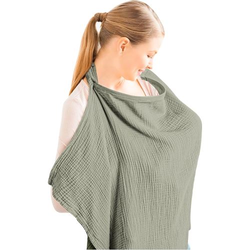Konssy Funda de lactancia de muselina para lactancia materna, transpirable, 100% algodón, con aro rígido para delantal de lactancia, toldo multiusos para asiento de automóvil (verde niebla)