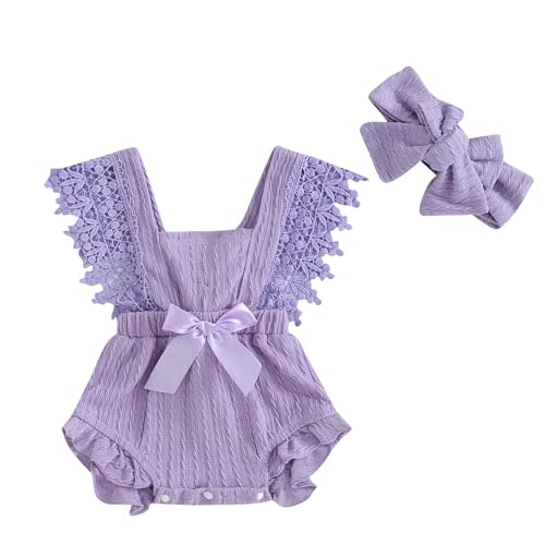 Ursobutegl Newborn Baby Girl Lace Romper Ruffle Sleeveless Backless One Piece Jumpsuit Bodysuit with Headband Summer Clothes