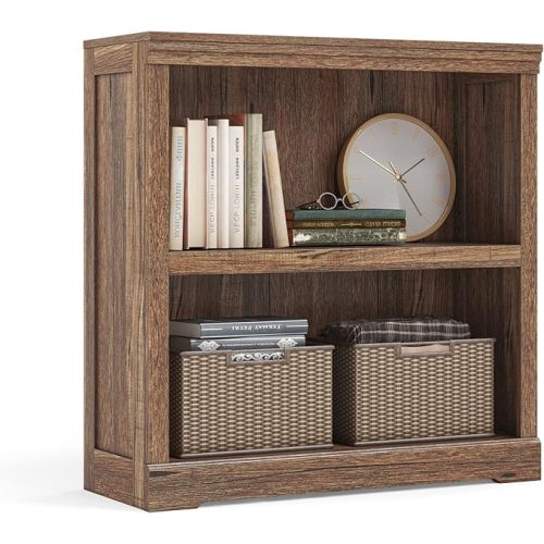 LINSY HOME 2-Tier Bookcase and Bookshelf, Small Wood Display Storage Shelves Farmhouse Bookshelf for Home Office, Living Room, Bed Room - Dark Brown