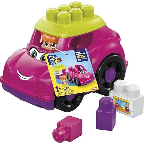 MEGA BLOKS First Builders Toddler Building Blocks Toy Set, Catie Convertible with 6 Pieces and Storage, 1 Figure, Pink, Ages 1+ Years