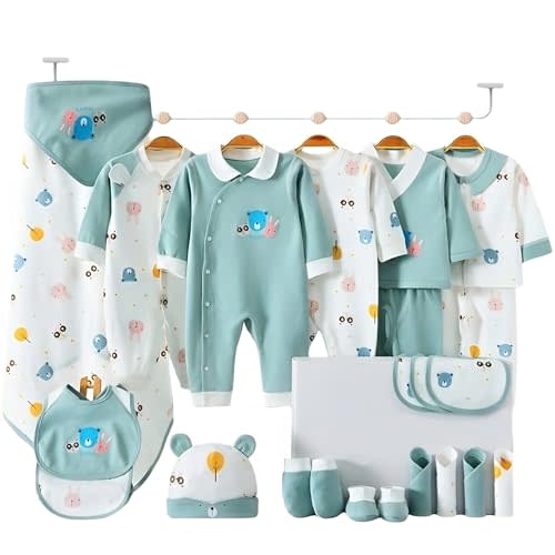 26-Piece Newborn Baby Boy Clothes Gift Set – 100% Cotton Layette Essentials, Coming Home Outfit, 0-3 Months, Green
