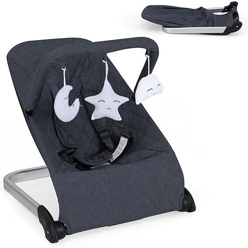 HONEY JOY Baby Bouncer, Portable Folding Infant Newborn Stationary Seat w/Vibrations, Removable Toy Bar, Safety Harness, Machine Washable Fabric, Bouncer Seat for Babies 0-6 Months (Dark Gray)