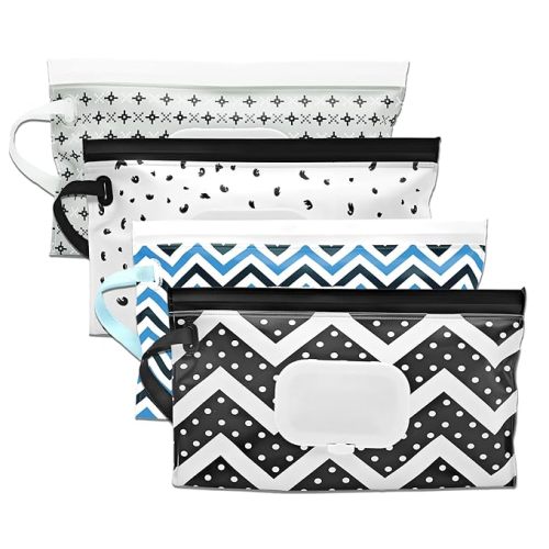 4 Packs Baby Wipes Dispenser,Portable Refillable Wipe Holder with Hanging Loop, Wet Wipes Container,Reusable Travel Baby Wipes Pouch for Indoor & Outdoor Using