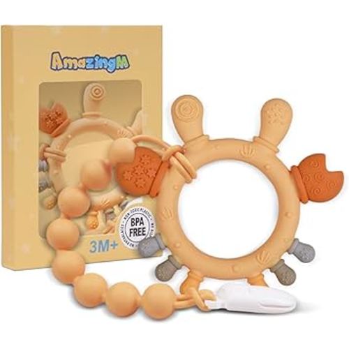 Baby Food Grade Silicone Teether Ring Toy with One Piece Design Pacifier Clip Holder,Teething Toys Gift Set for 3 Months+ Boys and Girls,Freezer Safe,BPA Free.(Yellow Crab)
