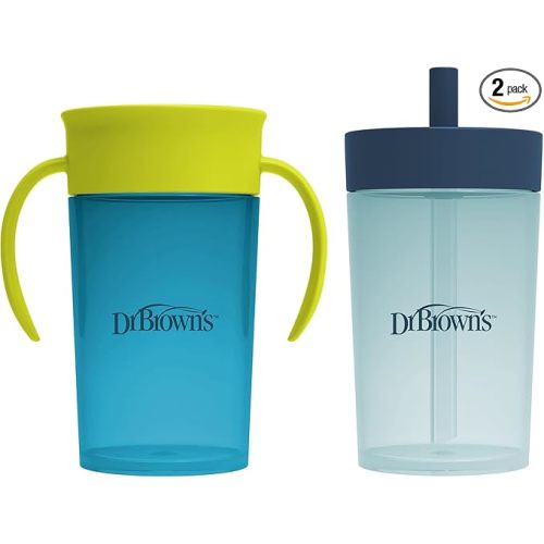 Dr. Brown's Milestones Straw to 360° Cup Set, Convertible Toddler Training Cup Set with Interchangeable Silicone Straw and 360 Degree Cup Lids, Blue Green, 10 oz/300 mL, BPA Free, 9m+, 2 Pack