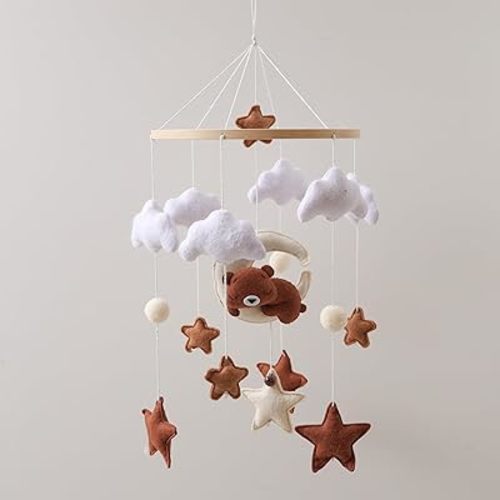Hug Moon Bear Baby Bed Mobile Handmade Soothing Bedtime Baby Bed Mobile Baby Bed Felt Night Mood Nursery Decoration Suitable for Boys and Girls, Easy to Assemble&Durable Newborn Gift