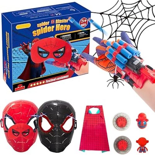 Kids Superhero Web Shooters Toy Set Spider Gift Box with Red Mask,Black Mask,Red Cape &More,Ages 4-12 Birthday Gifts (TCBY)