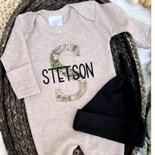 Personalized Baby Boy Name Outfit | Mocha Brown Romper Camo Initial – Wonderfully Made