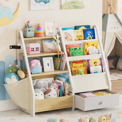 Kids Bookshelf and Toy Storage, Book Shelf for Kids Rooms BECOKOME 4 Tier Toddler Bookshelf Baby Bookcase for Nursery Montessori Toy Organizer, Burlywood