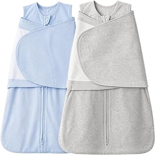 Baby Sleep Sack Swaddle 2 Pack,Swaddles 3-6 Months,3-Way Adjustable Wearable Transition Blanket 100% Organic Cotton,12-18 lbs,1.0 TOG(Blue&Grey)
