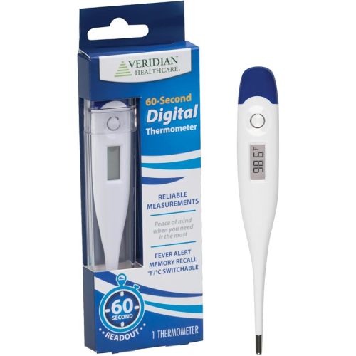 Veridian Healthcare Digital Thermometer | 60-Second Readout | Fever Alert + Memory Recall| Clinical Rigid Tip | Hygienic Water-Resistant Easy Cleaning | Storage Case + Probe Covers Included
