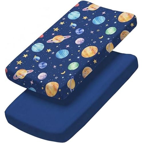 Changing Pad Cover - Pack of 2 Soft Unisex Diaper Change Microfiber Table Sheets - Fits 32"x16" Contoured Pad - Changing Pad Cover for Baby Boys & Girls - Snug, Machine Washable - Oeko-Tex, Planets