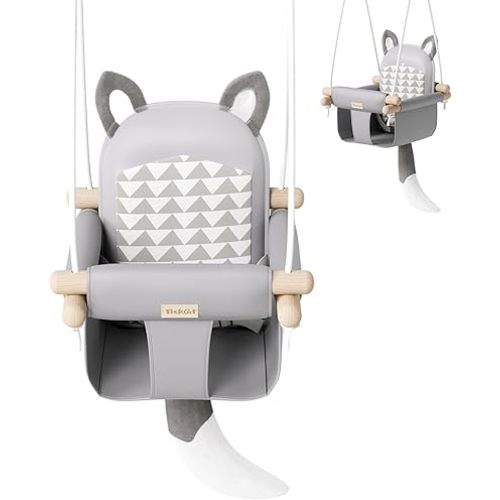 Wooden Hanging Baby Swing with Soft Safety Belt, Cozy Infant Swing Seat for Indoor & Outdoor Use, Adjustable Height, Includes Mounting Hardware – Suitable for Babies & Toddlers(Fox-Themed in Gray