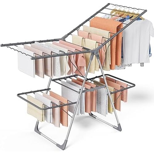 Clothes Drying Rack, Foldable 2-Level Laundry Drying Rack with Height-Adjustable Wings, for Clothing & Bedding, Free-Standing Space-Saving Rack, Indoor & Outdoor, 55.5" L × 22.8" W, Gray