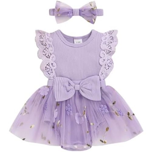 Baby Girl Romper Dress, Tulle Skirt Bodysuit Ruffle Sleeveless Summer Outfit with Headband for Infants 0-12M