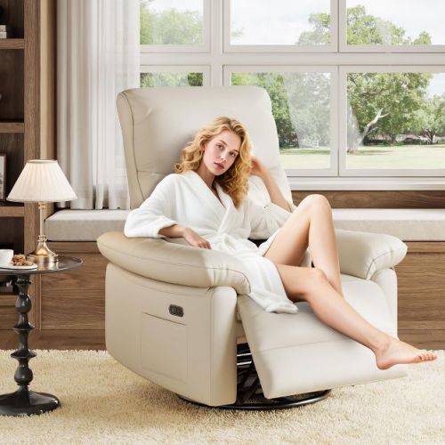 Power Recliner Chair, PU Leather Swivel Rocker Recliner with USB Ports, Upholstered Nursery Glider Reclining Sofa Chair, Ergonomic Lounge , Beige