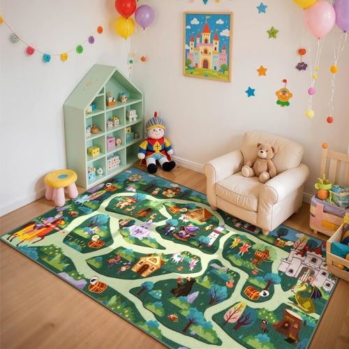 LIVEBOX Whimsical Washable Kids Carpet Playmat Rug for Boys Play Room, Baby Room Fun Forest Adventure Road Rug, Non-Slip Toys Rugs for Toddler Nursery Bedroom （79" x 39",Green）