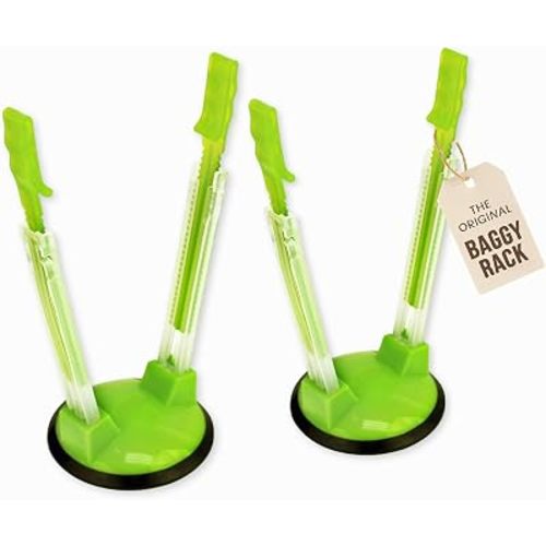 Jokari Adjustable Baggy Rack Stand 2 Pack Hands Free Food Storage Bag Holder Stand for Freezer and Sandwich Bags Clip Stand for Pouring Leftovers or Drying Reusable Ziploc Bags