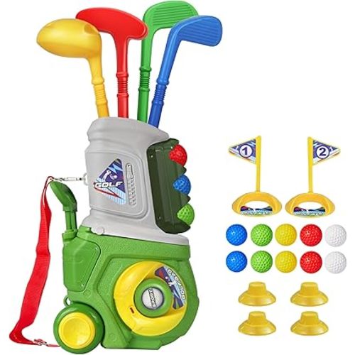 Toddler Golf Set, Kids Golf Set for Ages 1 2 3 4 5 Years Old Boys Girls with 4 Plastic Golf Clubs 10 Balls, Indoor Outdoor Baby Toddler Golf Clubs Set Toy with Cart Sport Toy Birthday Gifts Green