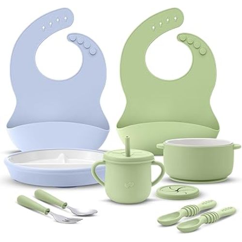 9 Pcs Porcelain Kids Plates and Bowls Feeding Set with Suction, Ceramic Baby Toddler Divided Plates Silicone Sleeve Bowls Forks Spoons Cup Bib Microwave Dishwasher Safe(Sweets)