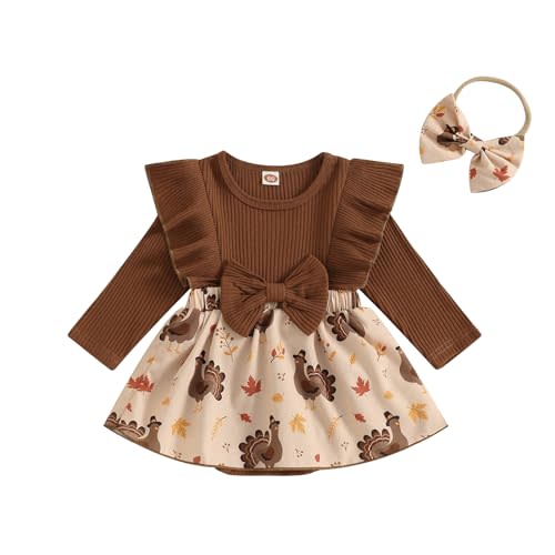 MoZiKQin Baby Girl Thanksgiving Outfit Newborn Romper Dress Ribbed Ruffle Skirt Hem Jumpsuit Cute Fall Clothes+Headband