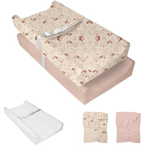 JVEOO Muslin Baby Changing Pad, 2 Pack Muslin Soft Cotton Covers & Waterproof Lining Foam Diaper Changing Table Pad 32" x 16.6" Mat for Dressers