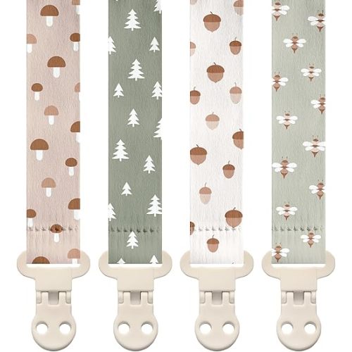 Stadela Baby Pacifier Clip Holder - Girl or Boy Unisex 4 Pack Gift Set – Woodland Mushrooms Bees Neutral Green Beige (Forest)