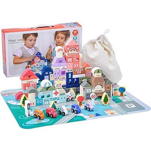 Xylolin Wooden Building Blocks Set, 115 Pieces City Construction Stacking Blocks Toys, Preschool Learning Educational Toys Boys Girls Age 3 4 5 6 Years Old