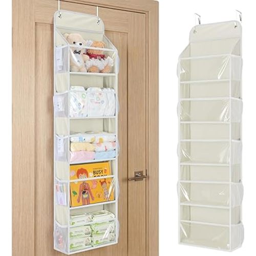 Yecaye 5-Tier Over the Door Organizer, Non-Woven Fabric Door Organizer Hanging with 5 PVC Clear View Windows & 10 Mesh Side Pockets, Over the Door Storage for Bathroom, Closet, Bedroom (Beige)
