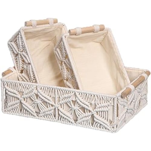 GIB Macrame Storage Baskets Boho Decor Box for Organizing, Hand Woven Decorative Countertop Baskets for Shelves, Toilet Tank, Cabinet Organizer for Bedroom Living Room Home, Set of 3