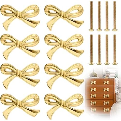 Gold Bow Cabinet Knobs Vintage Shaped Dresser Decorative Handle for Drawers Handles for Desk Suitable for Wardrobe Drawers TV Cabinets Bookcases (Gold-8)