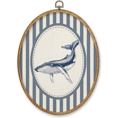 CGBHW Blue Coastal Beach Whale Oval Wall Art Decor, Beach Nautical Canvas Prints Framed, Ocean Marine Biology Whale Wall Art Hanging Decor for Home Kitchen Beach House Kids Nursery Room Bedroom, 8.6x11.4 Inch