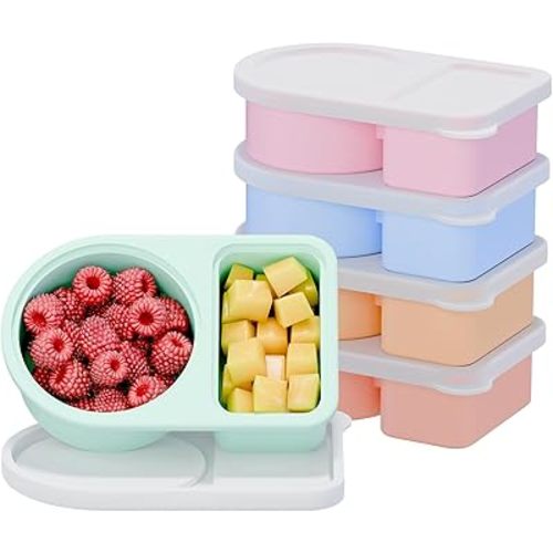 5 Pack Silicone Snack Containers, 2 Compartments Reusable Snackle Box with Lids, 8 oz, Rainbow