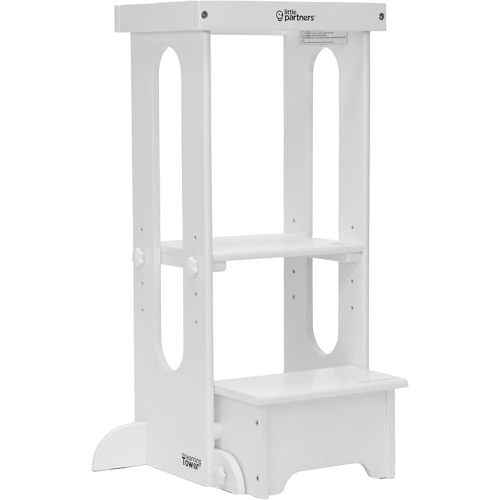 Little Partners Foldable Toddler Tower, Learning Tower Explore 'N Store Montessori Standing Kitchen Tower with Folding Step Stool Platform for Cooking and Learning, Ages 2+ (Soft White)