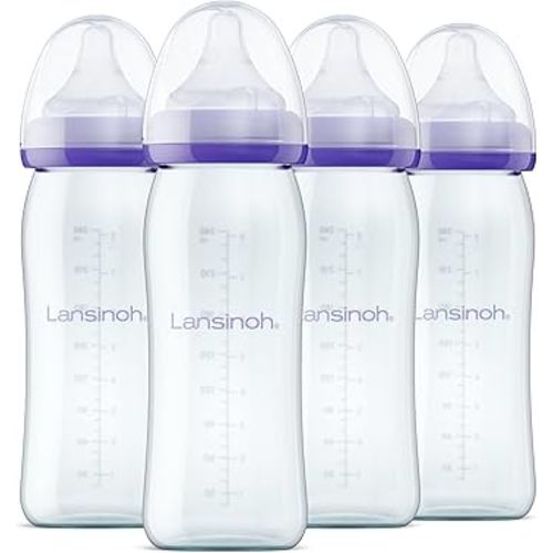 Lansinoh Anti-Colic Glass Baby Bottles for Breastfeeding Babies, 8 Ounces, 4 Count Bottles for Feeding, Baby Essentials, Includes 4 Medium Flow Nipples, Size M