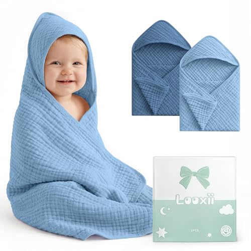 Looxii Baby Bath Towels 2 Pack Muslin Hooded Baby Towels for Newborn and Infants, 100% Cotton, Large 32x32Inch, Soft and Absorbent Gradient Blue