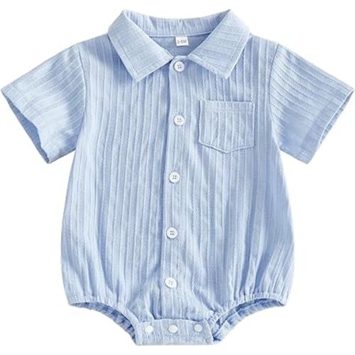 Newborn Baby Boy Clothes Solid Color Textured Shirt Romper Short Sleeve Collared Button Down Bodysuit Summer Outfit