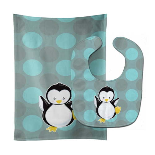 Penguin on Polkadot Baby Bib and Burp Cloth