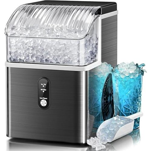 Kismile Nugget Ice Makers Countertop,Portable Ice Machine with Crushed Ice, 35lbs/Day,Self-Cleaning,One-Click Operation for Home Use(Black)