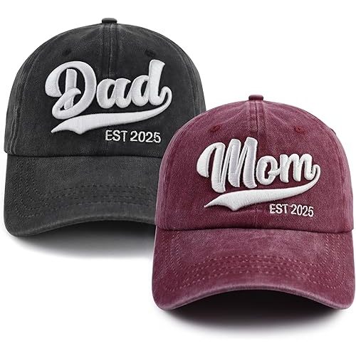 2PCS Mom and Dad EST 2025 Hat, 3D Embroidered Adjustable Cotton New Parents Gifts Baseball Cap