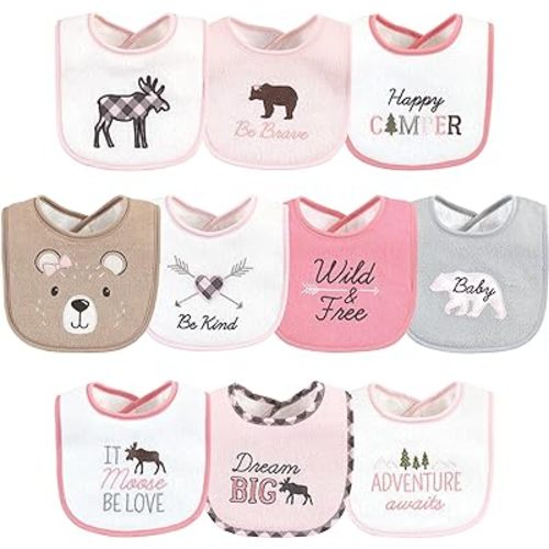 Hudson Baby Unisex Baby Cotton Terry Drooler Bibs with Fiber Filling, Girl Moose Bear, One Size