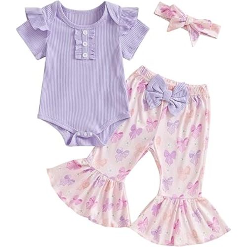 MERSARIPHY Baby Girl Bell Bottom Outfit Infant Newborn Western Summer Clothes Short Sleeve Ruffle Romper Tops Flare Pant Set