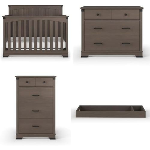 Child Craft Redmond Design 4-in-1 Convertible Baby Crib Nursery Furniture Set - Baby Bed, Dresser, Changing Table Topper and Chest Drawer for Babies, Toddlers and Kids (4 Piece - Dapper Gray)