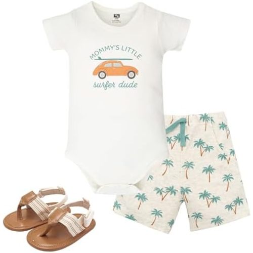 Hudson Baby Unisex Baby Cotton Bodysuit, Shorts and Shoe Set