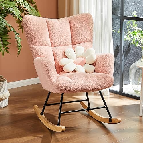 Sweetcrispy Rocking Chair Nursery, Teddy Upholstered Glider Rocker with High Backrest, Reading Chair Modern Rocking Accent Chairs Glider Chair for Nursery, Living Room, Bedroom, Baby Pink